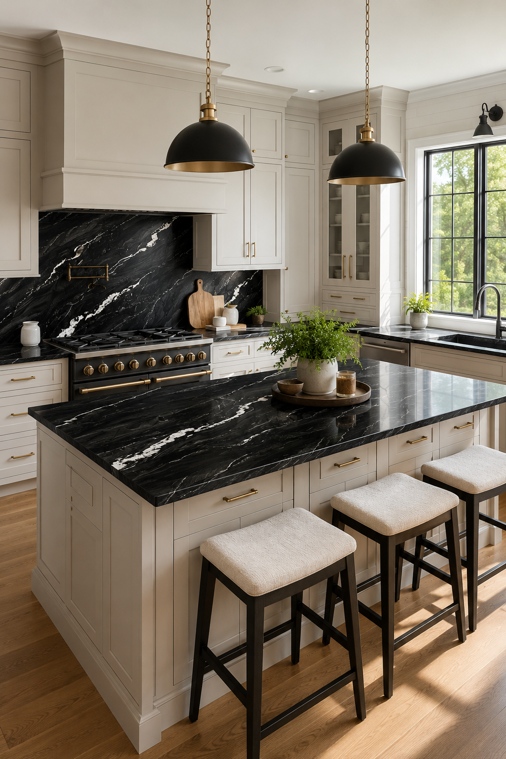 Black granite kitchen countertops with white veining in a Richmond VA home, paired with cream cabinets