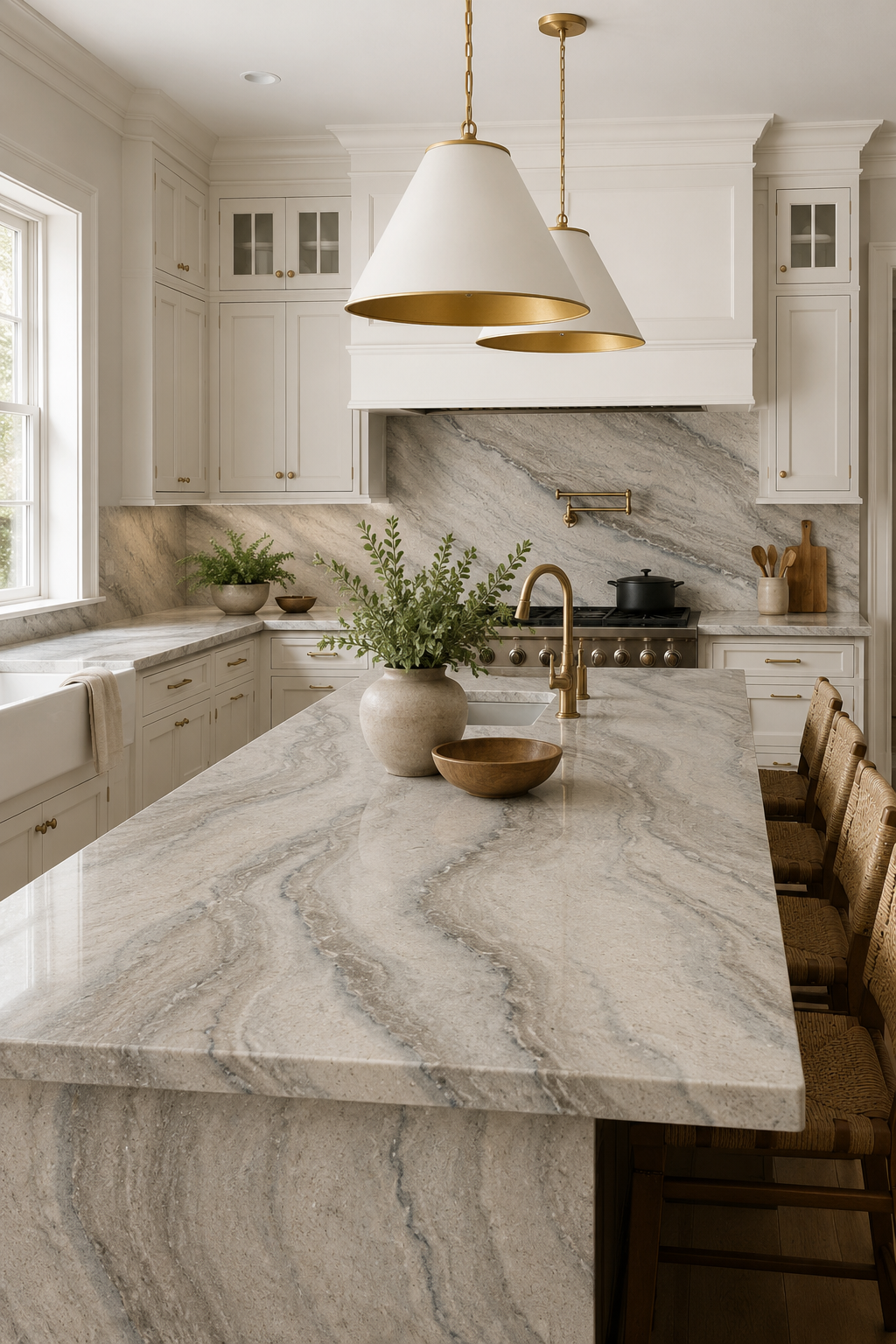 Quartz countertops in a Richmond VA kitchen — warm taupe veined island with matching full-height backsplash
