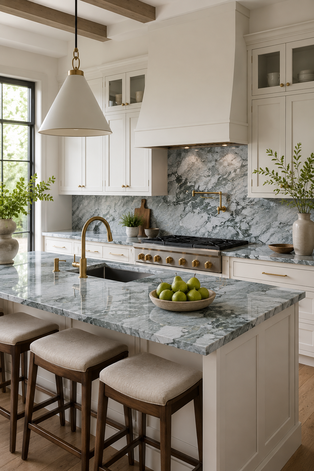 Custom quartzite kitchen countertops and full-height backsplash fabricated and installed in Richmond VA