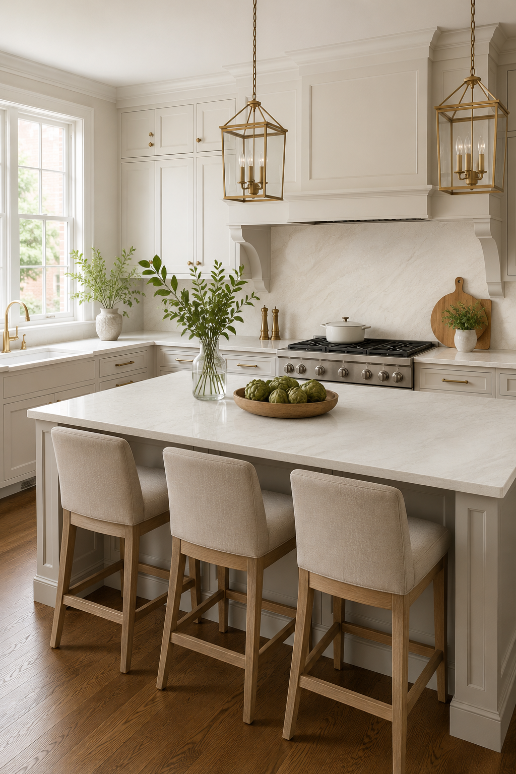 White quartz kitchen island countertop in a cream Richmond VA kitchen with brass lantern pendants