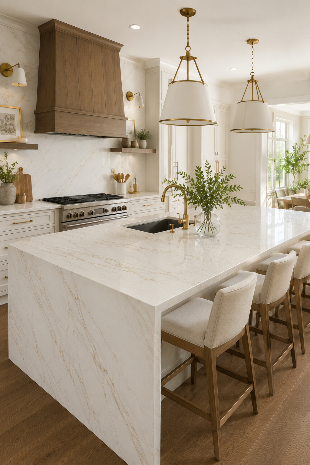 Kitchen countertops in Richmond VA — white marble waterfall island with gold veining and brass fixtures