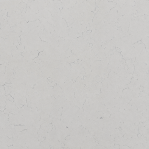 Carrara Edison quartz slab with soft white background and fine grey veining