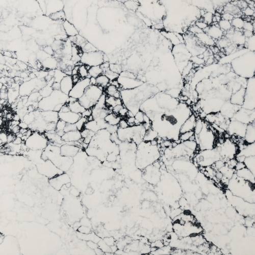 New Borghini quartz slab with bright white background and bold grey veining