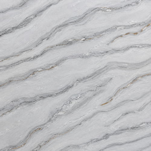 Porto quartz slab with grey-blue background and flowing linear white and charcoal veining