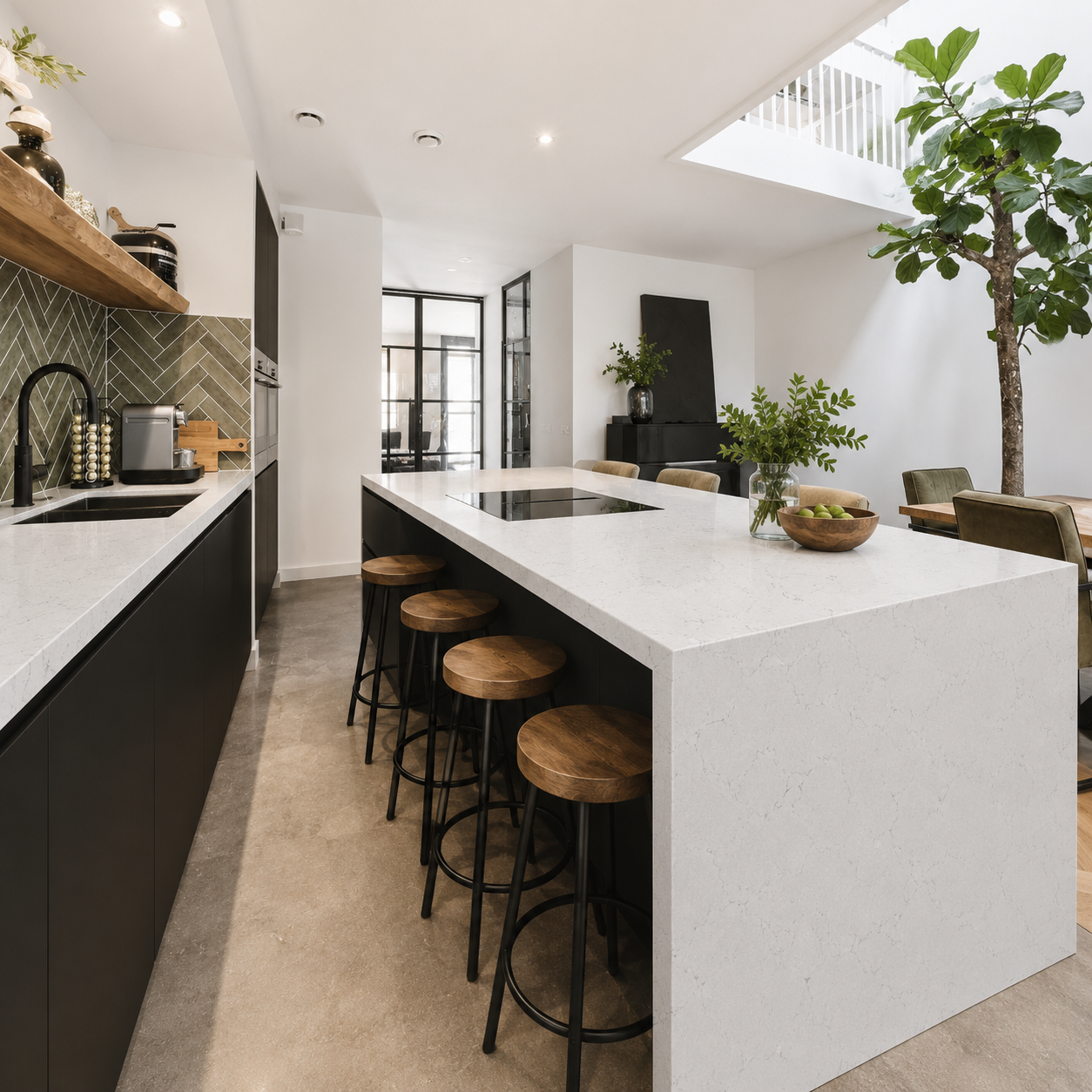 Carrara Edison quartz waterfall island in a modern kitchen with black cabinetry