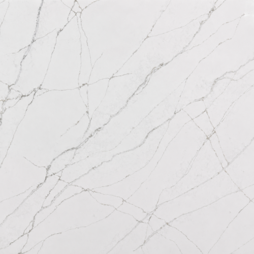 Rio quartz slab with bright white background and fine grey linear veining