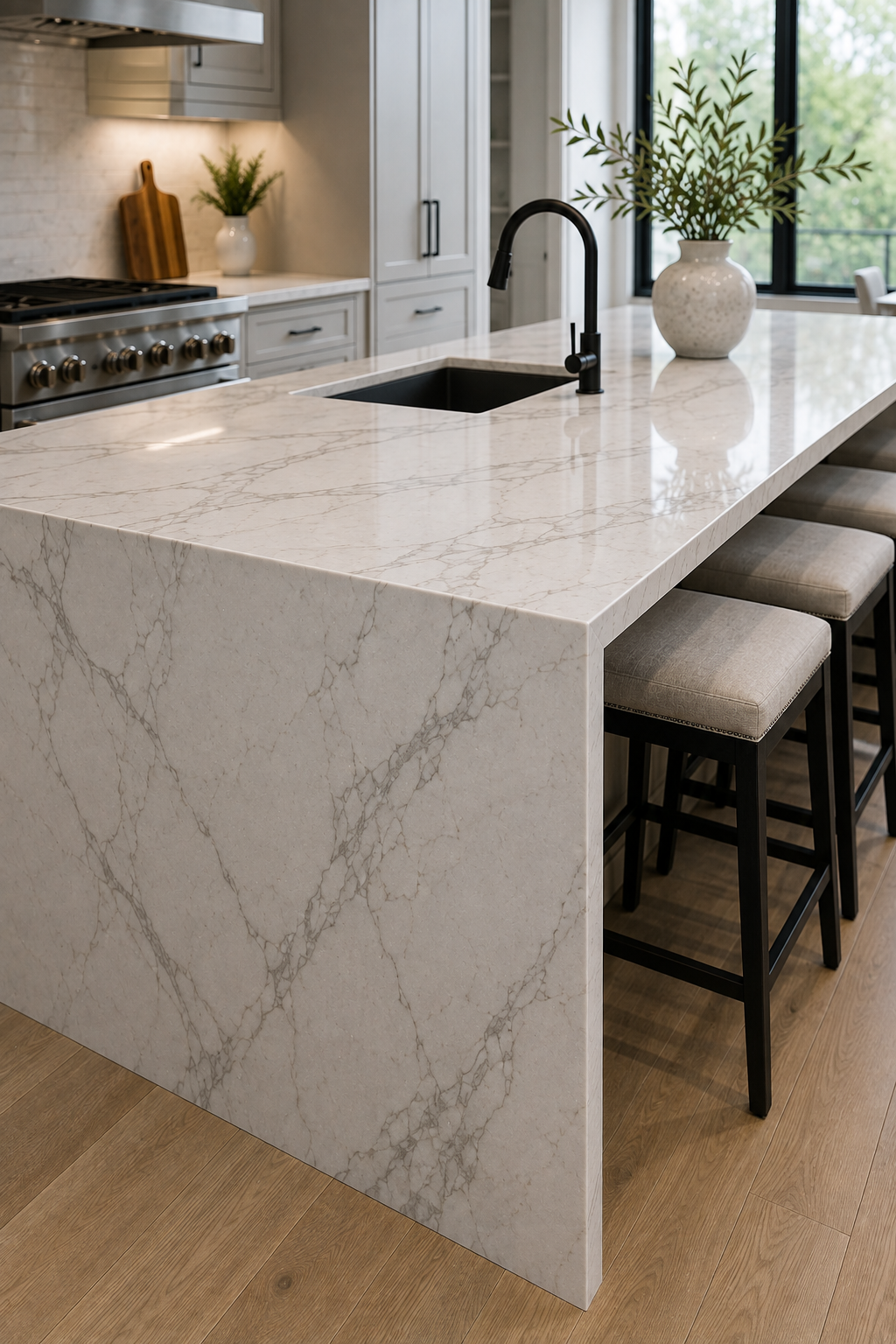 06-waterfall-island-countertop-cost-richmond-va Waterfall island countertop in a Richmond VA kitchen